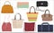 Woman fashion bags collection. Casual female handbag front icons set.