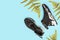 Woman fashion black sport shoes with gold fern leaf, palm frond on blue background. Top view, copy space
