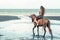 Woman fashion model riding a horse on the beach.