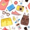 Woman fashion summer clothes, cosmetics and accessories seamless pattern with t shirt, backpack, photo camera, sunglasses and