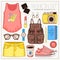 Woman fashion summer clothes, cosmetics and accessories set with t shirt, backpack, photo camera, sunglasses and shorts