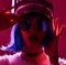 Woman in fashion winter concept wearing gold hat cap round sunglasses in pink neon light