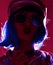 Woman in fashion winter concept wearing gold hat cap round sunglasses in pink neon light