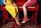 woman fashion young trend elegant red legs piano modern song colourful. Generative AI.