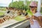 Woman feeding giraffe