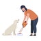 Woman feeding her dog vector flat illustration female owner sprinkling dry food doggy eating in bowl