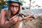 Woman feeding turtle