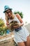 Woman feeding turtle