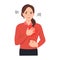 Woman feel chest pain. Heart attack or symptoms of heart disease.