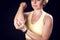 Woman feeling strong elbow pain. Fitness and healthcare concept