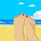 Woman feet closeup. Girl relaxing on beach on sunbed enjoying sun on sunny summer day. Vacation holidays.