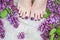 Woman feet with dark purple pedicure and lilac