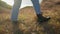 Woman feet walking nature landscape closeup. Unknown lady stepping coastline