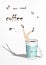 Woman fell into the blue paper cup of coffee, fashion vector illustration