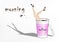 Woman fell into the pink paper cup of coffee, fashion vector illustration