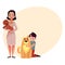 Woman, female veterinarian doctor, vet and little boy with dogs