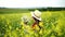 Woman field flowers. Happy woman resting in blossom spring field with field flowers on nature looking happy smiling