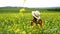 Woman field flowers. Happy woman resting in blossom spring field with field flowers on nature looking happy smiling