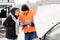 Woman fill document broken car snow mechanic