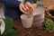 Woman filling flowerpot with drainage at wooden table, closeup. Transplanting houseplants