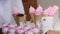 A woman fills waffle cones with marshmallows. With a pastry bag. Close-up