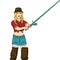 Woman fisher on the river, girl fisherman. Object on white background raster illustration. Color background.