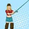 Woman fisher on the river, girl fisherman. pop art retro raster illustration. Color background. Comic book style