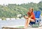 Woman fishing on pier