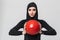 Woman fitness muslim posing isolated over white wall background make exercises with ball