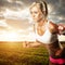 Woman fitness workout - running wheat field