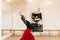 woman flamenco dancer moving arms in a dance studio