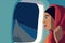 woman flight window transportation passenger cartoon journey trip character plane seat. Generative AI.