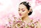 Woman Flowers Bunch Pink Sakura, Girl Makeup Beauty Portrait