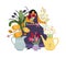 Woman with flowers. Flower girl, gardener or plant lover. Florist, floral shop. Mother day card with happy woman vector