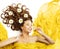 Woman Flowers in Hair, Beauty Model Smelling Flower Curly Hairstyle