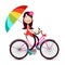 Woman with Flowers in Hair on Bicycle with Colorful Parasol