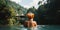 woman with flowers in hair relaxing in Infinity pool with a view to the jungle at luxury villa. generative AI