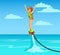 Woman flyboarding. summer beach sea extreme water sport