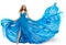 Woman Flying Blue Dress, Fashion Model Dancing in Long Waving Gown, Fluttering Fabric on White