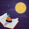 Woman flying in open story book night sky concept