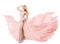 Woman Flying Pink Dress, Fashion Model in Long Waving Gown, Fluttering Fabric