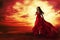 Woman Flying Red Dress, Fashion Model in Evening Gown Levitating