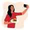 woman food blogger making photo selfie with hamberger and sauce for blog. Cute girl with smartphone camera. Social media Vector