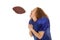 Woman football player catch ball in mouth