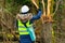 Woman forestry employee take pictures of broken tree