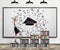 A woman in formal clothes is going up on the bookshelf. A concept of different level of education. A sketched graduation hat and d