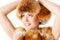 Woman Fox Fur Hat Coat, Winter Fashion Model White isolated