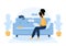 Woman freelance. African girl in headphones with laptop sitting on the sofa. Concept illustration for working, online