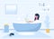 Woman freelance. Girl with laptop lying on bathtub. Concept illustration for studying, online education, work from home