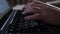 Woman freelancer fingers type on laptop keyboard close view